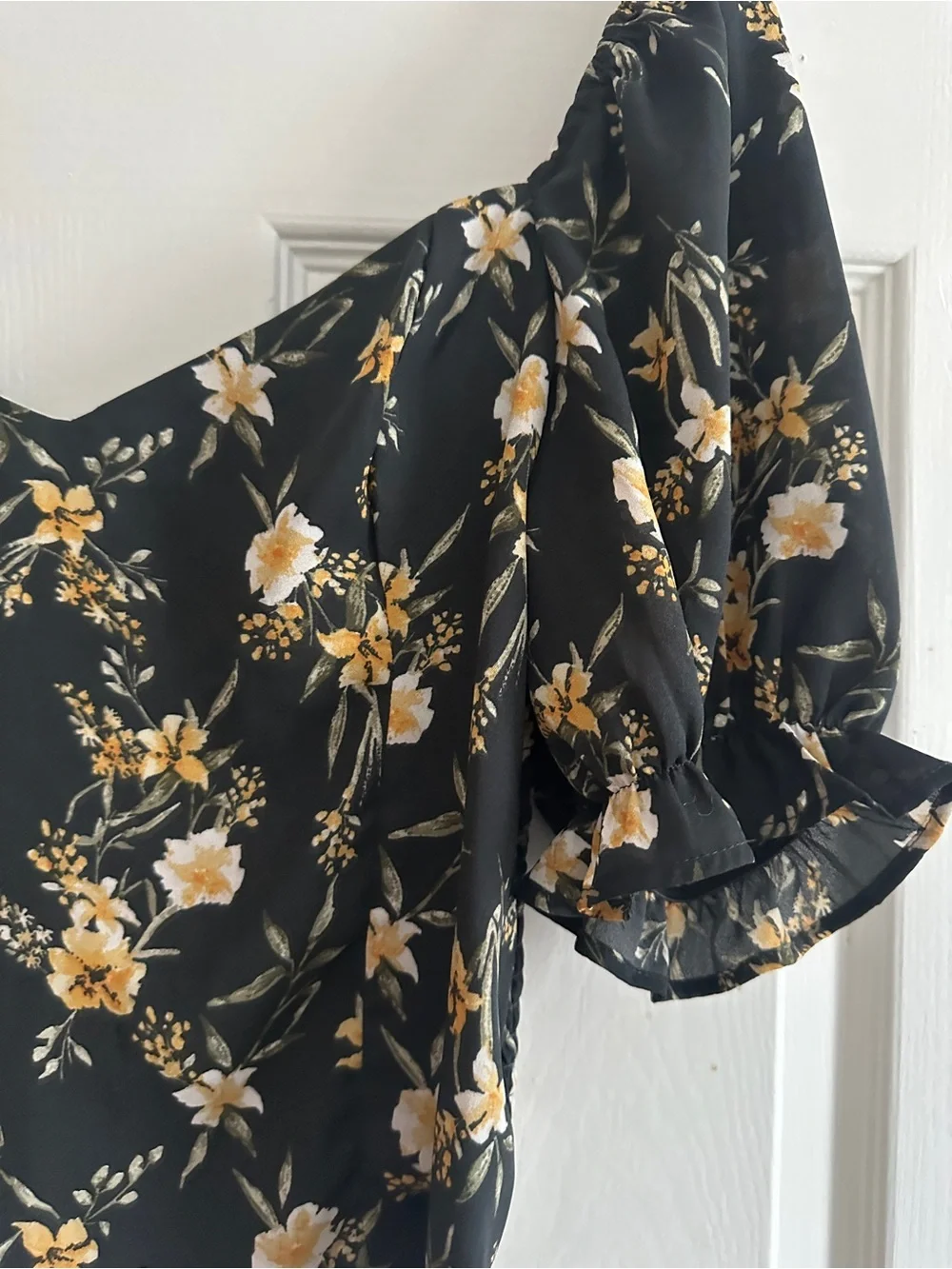 Abercrombie & Fitch Black Floral Puff Sleeve Top with Yellow Accents